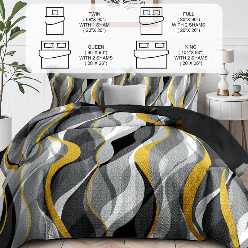 weesire Classic Line Pattern Bedding Quilt King Size Modern Grey Yellow and White Stripe Quilt with 2 Shams  Gray and Yellow Comforter Sets Lightweight Breathable Bedspreads Coverlet  96''x106'' - Image 3